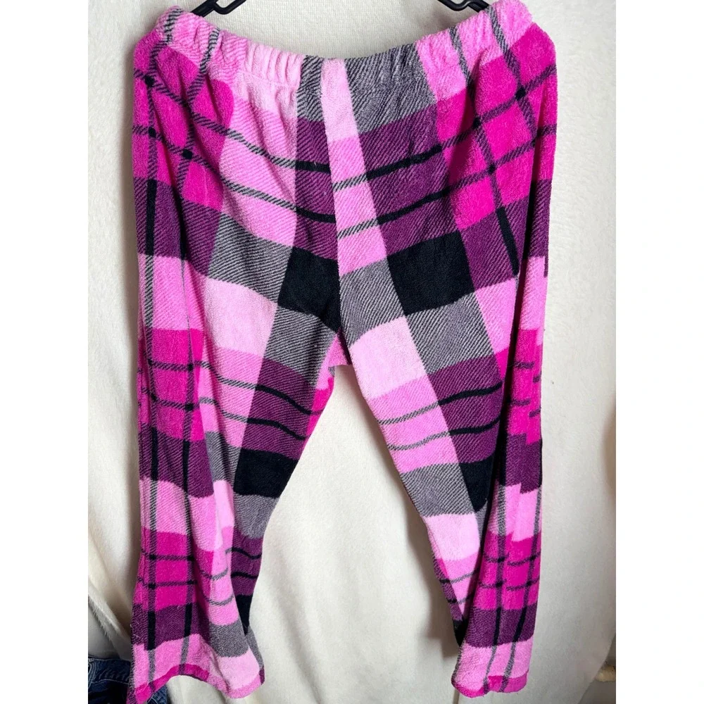 Pink Black Plaid Fleece Pajama Pants Women Large 12-14 Sleepwear Loungewear